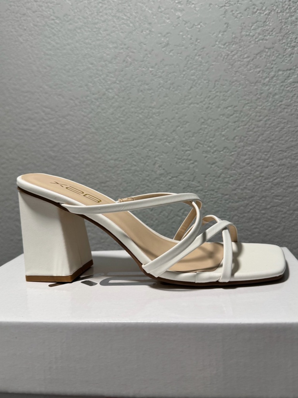 X2 White Strappy Square Toe Block Heel Sandal
